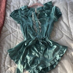 Anthropologie Teal Satin Romper with Lace Details